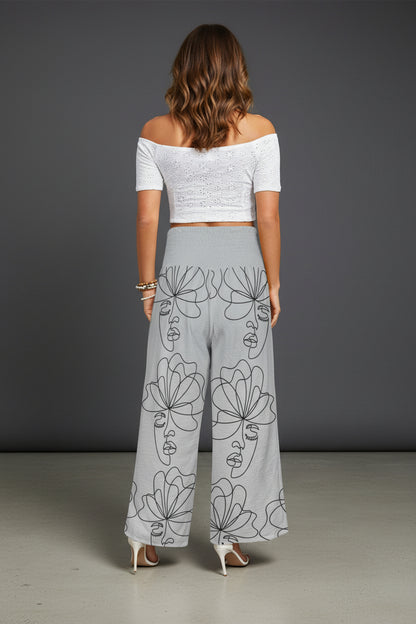 Abstract Line Art Smocked Wide-Leg Trousers