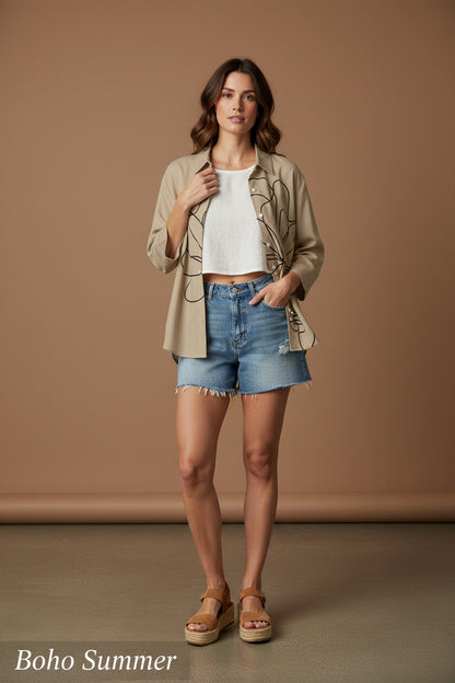 Minimalist Abstract Face Line Art Button-Down Shirt – Khaki