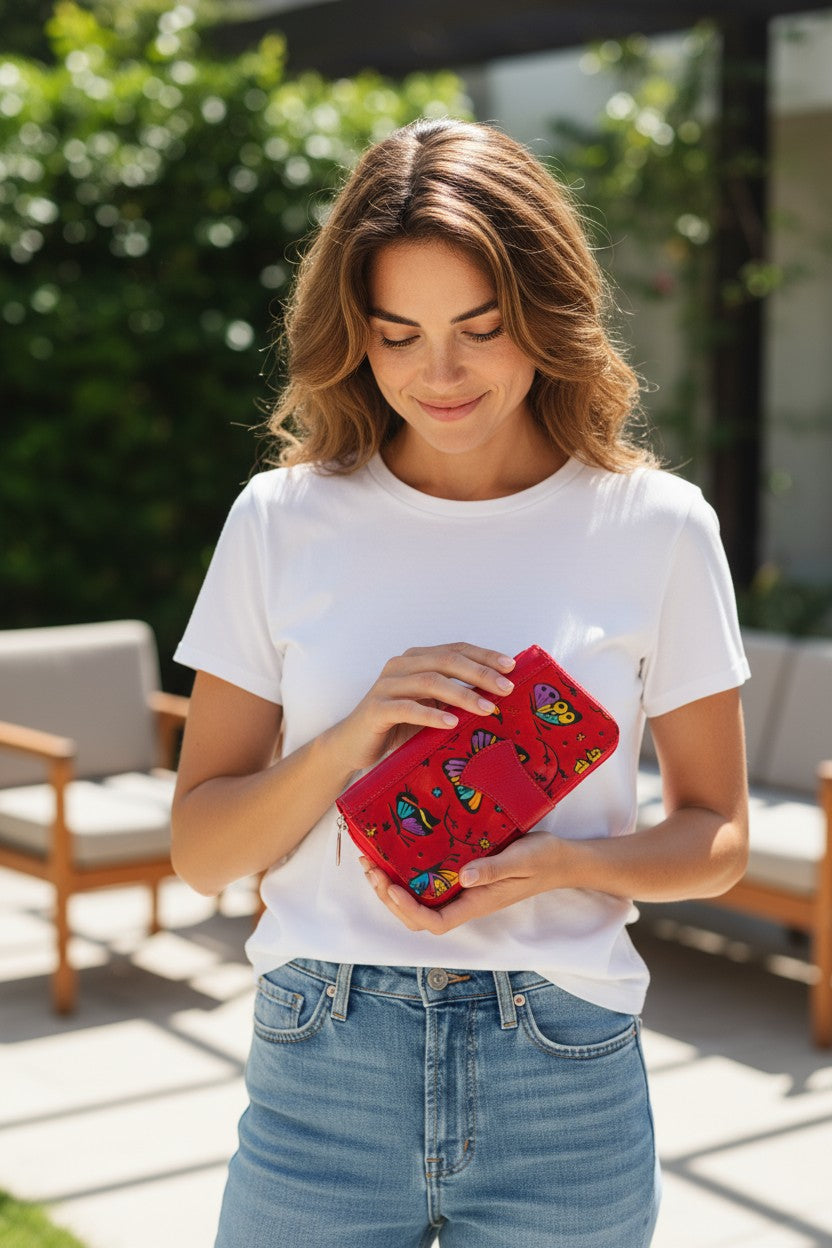 Artisan Hand-Painted Butterfly Leather Wallet | Floral Embossed Trifold Wallet