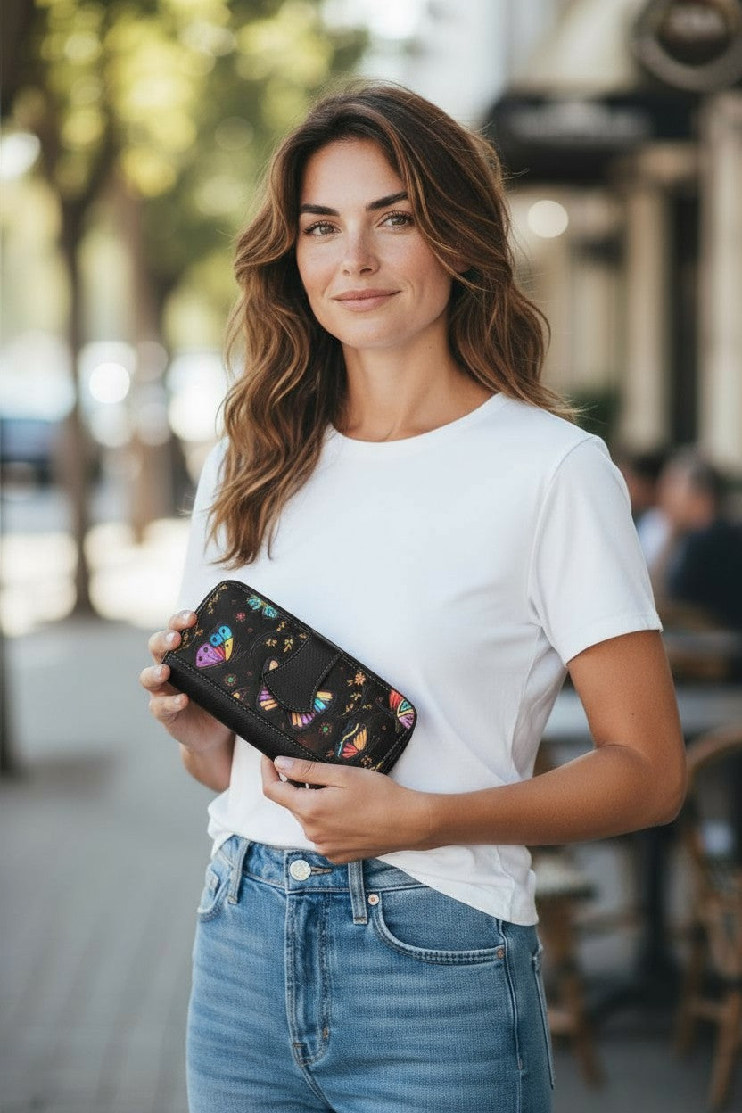 Artisan Hand-Painted Butterfly Leather Wallet | Floral Embossed Trifold Wallet