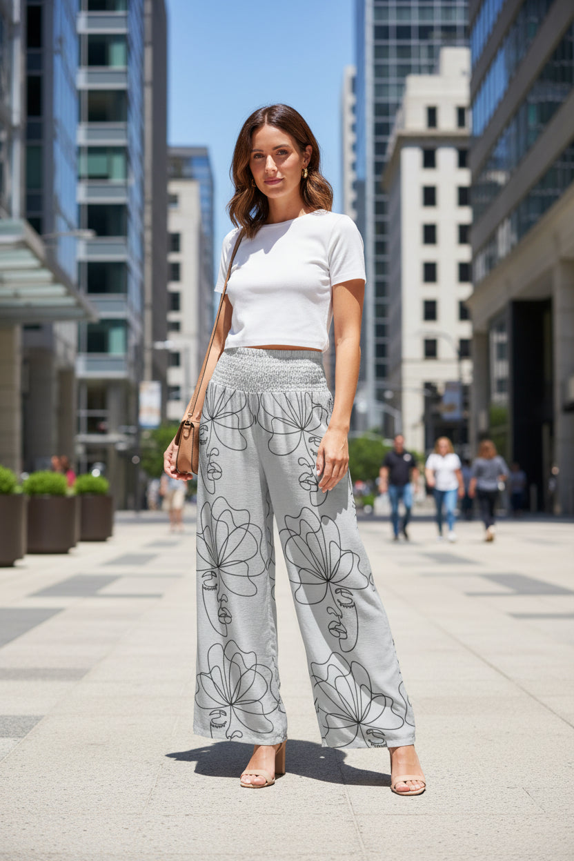 Abstract Line Art Smocked Wide-Leg Trousers