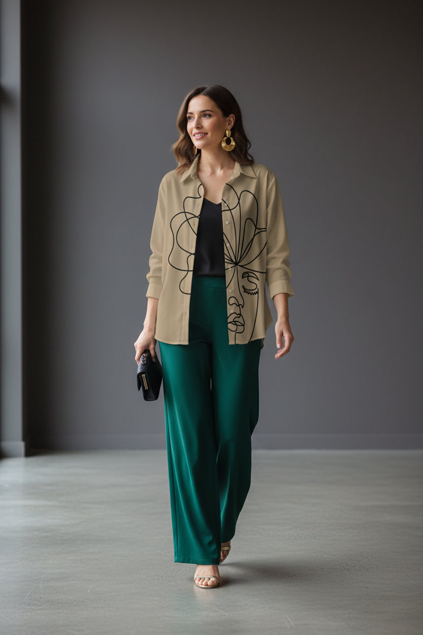 Minimalist Abstract Face Line Art Button-Down Shirt – Khaki