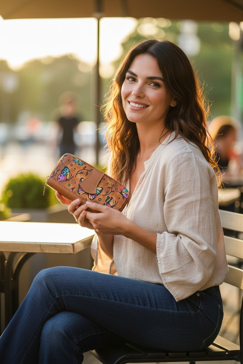Artisan Hand-Painted Butterfly Leather Wallet | Floral Embossed Trifold Wallet