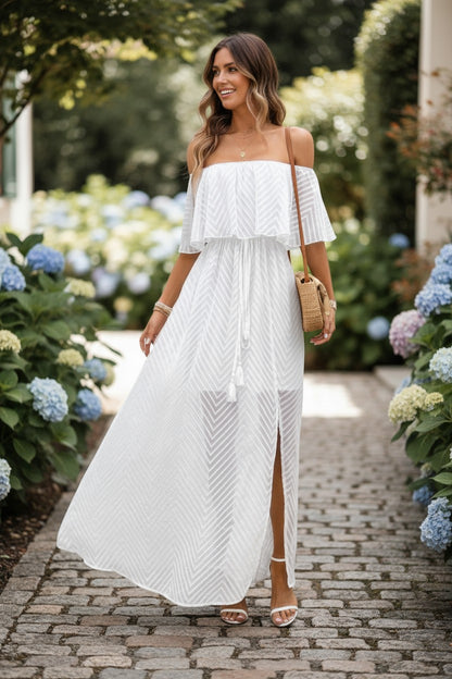 White Boho Ruffle Off-Shoulder Maxi Dress | Flowy Resort Vacation Split Dress