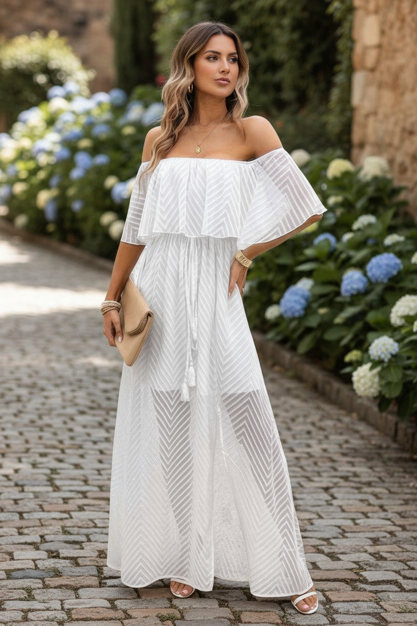 White Boho Ruffle Off-Shoulder Maxi Dress | Flowy Resort Vacation Split Dress