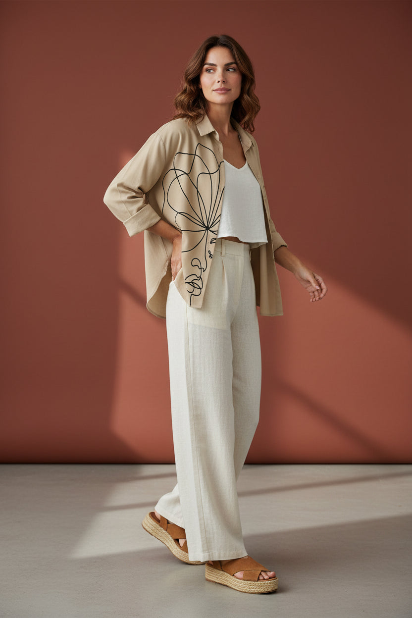 Minimalist Abstract Face Line Art Button-Down Shirt – Khaki