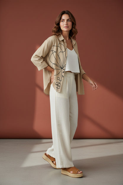 Minimalist Abstract Face Line Art Button-Down Shirt – Khaki