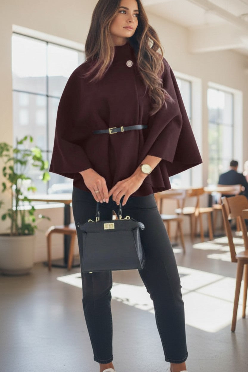 The Elise Belted Mock-Neck Batwing Cape Jacket