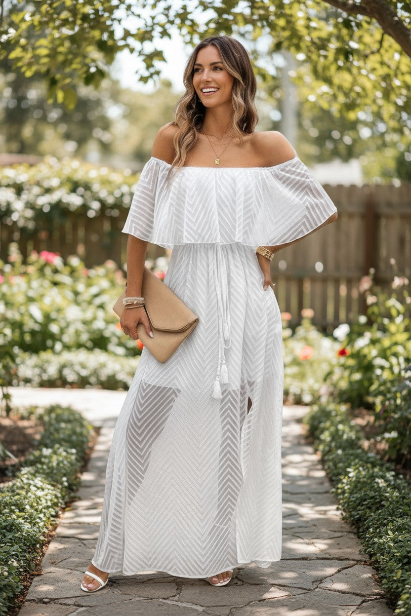 White Boho Ruffle Off-Shoulder Maxi Dress | Flowy Resort Vacation Split Dress