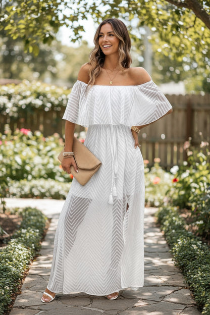 White Boho Ruffle Off-Shoulder Maxi Dress | Flowy Resort Vacation Split Dress