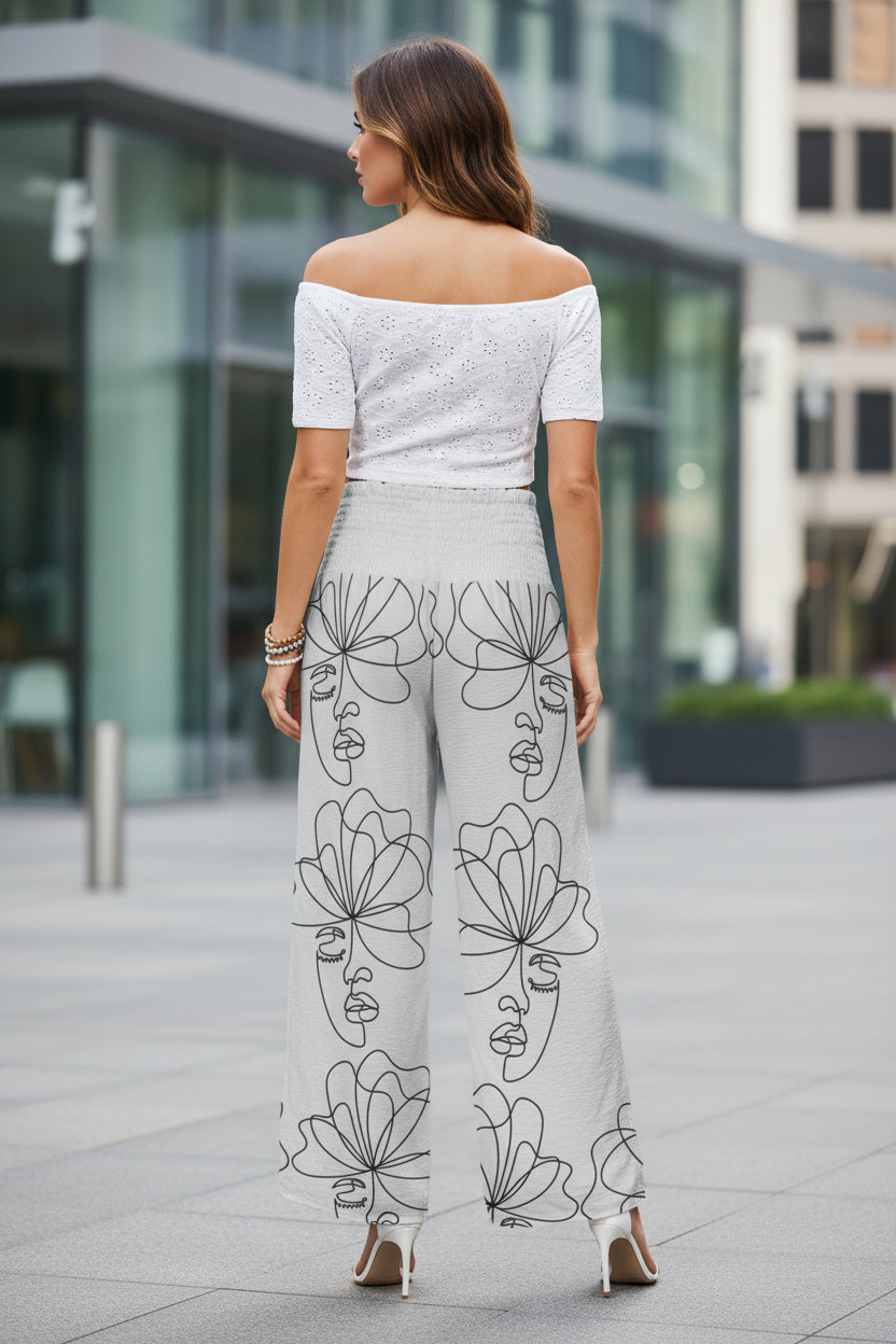 Abstract Line Art Smocked Wide-Leg Trousers
