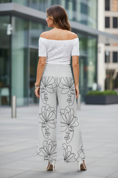 Abstract Line Art Smocked Wide-Leg Trousers