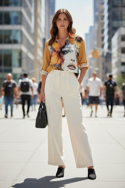 Artistic Floral Portrait Silk Velvet Button-Down Shirt – Ochre