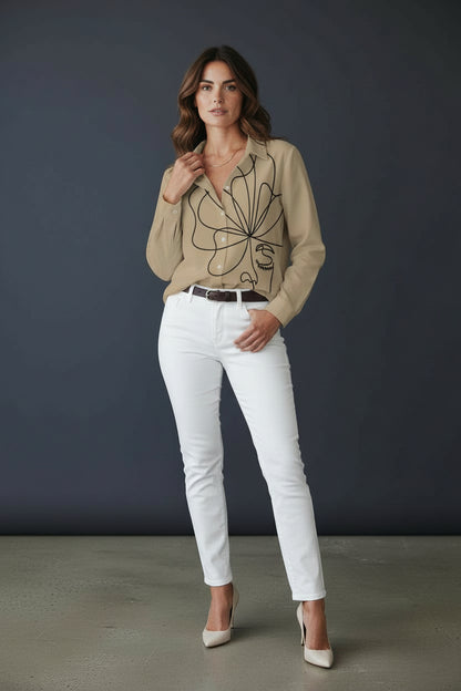 Minimalist Abstract Face Line Art Button-Down Shirt – Khaki