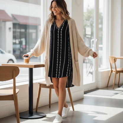 Versatile Color Block Tunic Dress - V-Neck Layering Travel Piece