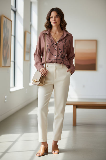 Minimalist Abstract Face Line Art Button-Down Shirt - Mauve