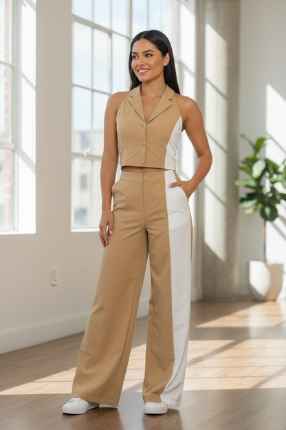 The Executive Color Block Halter Vest & Wide-Leg Trouser Set
