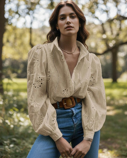 Chic Broderie Anglaise Puff Sleeve Travel Blouse