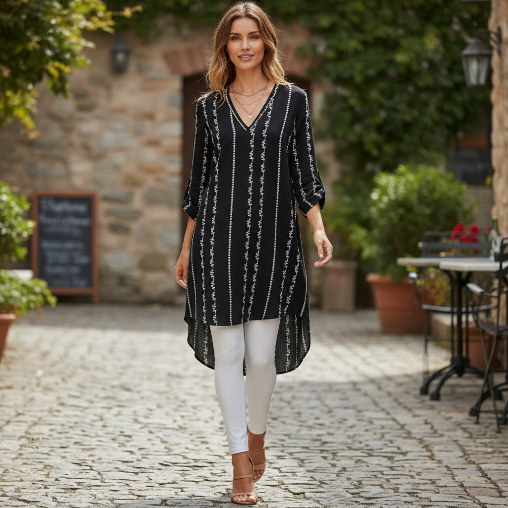 Versatile Color Block Tunic Dress - V-Neck Layering Travel Piece