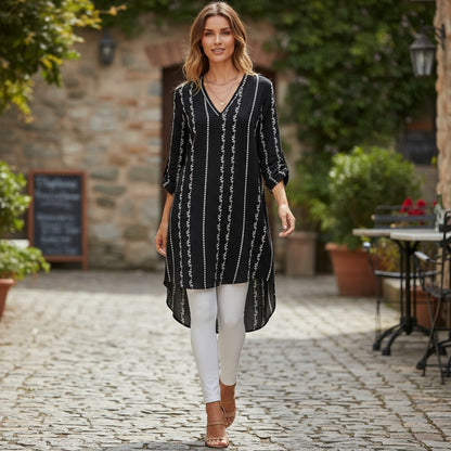 Versatile Color Block Tunic Dress - V-Neck Layering Travel Piece