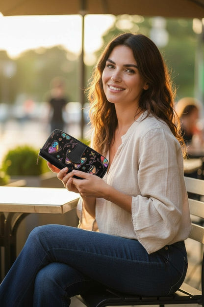 Artisan Hand-Painted Butterfly Leather Wallet | Floral Embossed Trifold Wallet