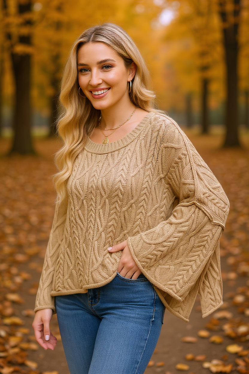 The Cozy Cable Knit Oversized Bell Sleeve Pullover