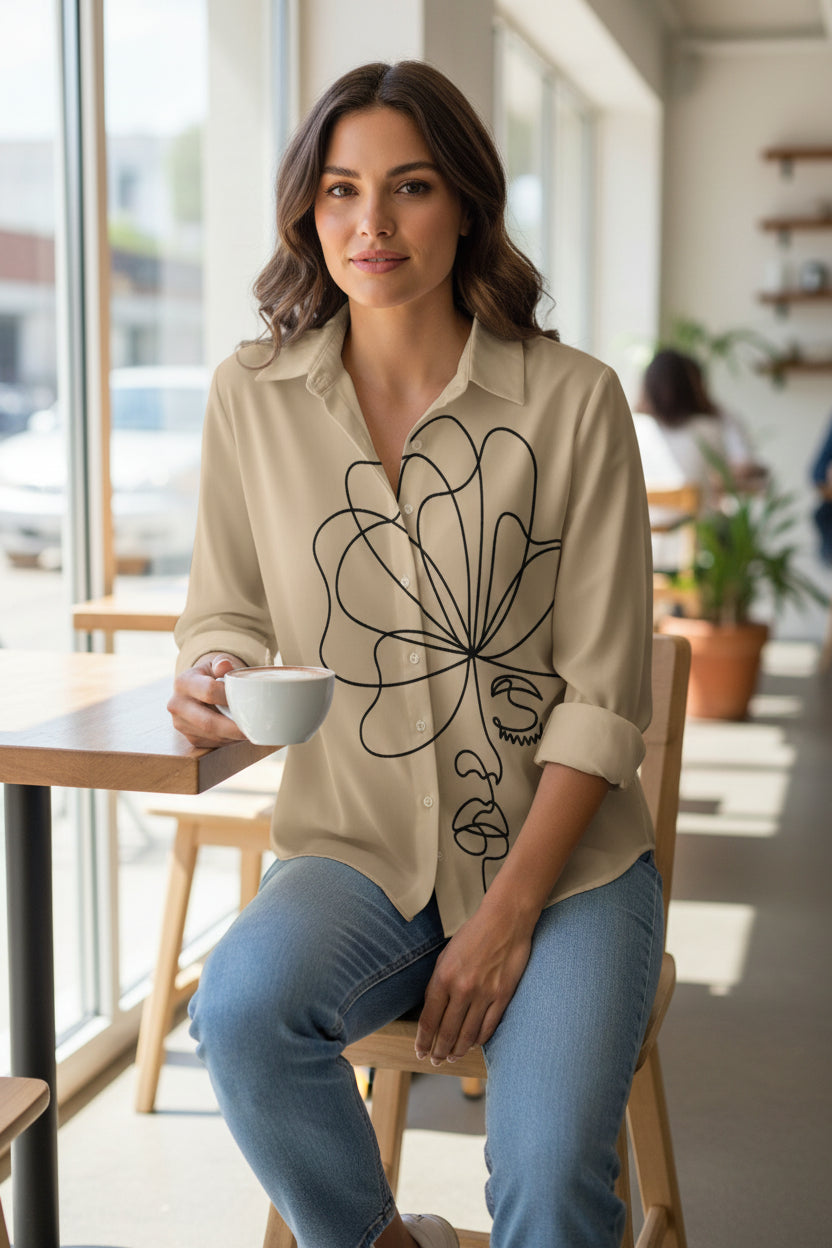 Minimalist Abstract Face Line Art Button-Down Shirt – Khaki