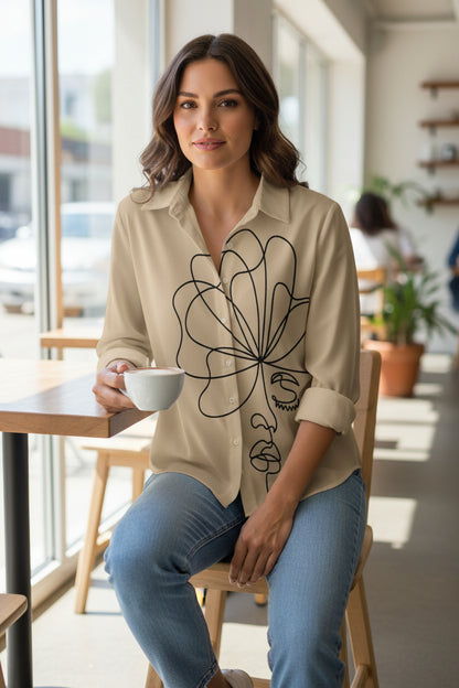 Minimalist Abstract Face Line Art Button-Down Shirt – Khaki