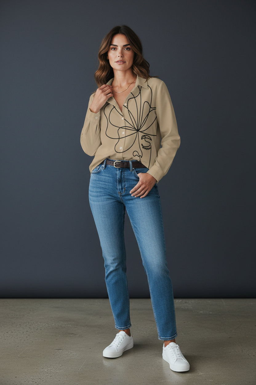 Minimalist Abstract Face Line Art Button-Down Shirt – Khaki