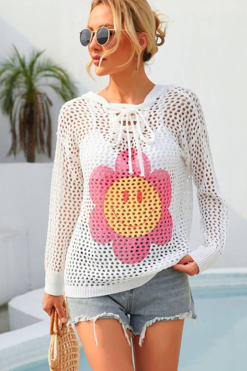 Flower Graphic Lace-Up Openwork Hooded Cover Up