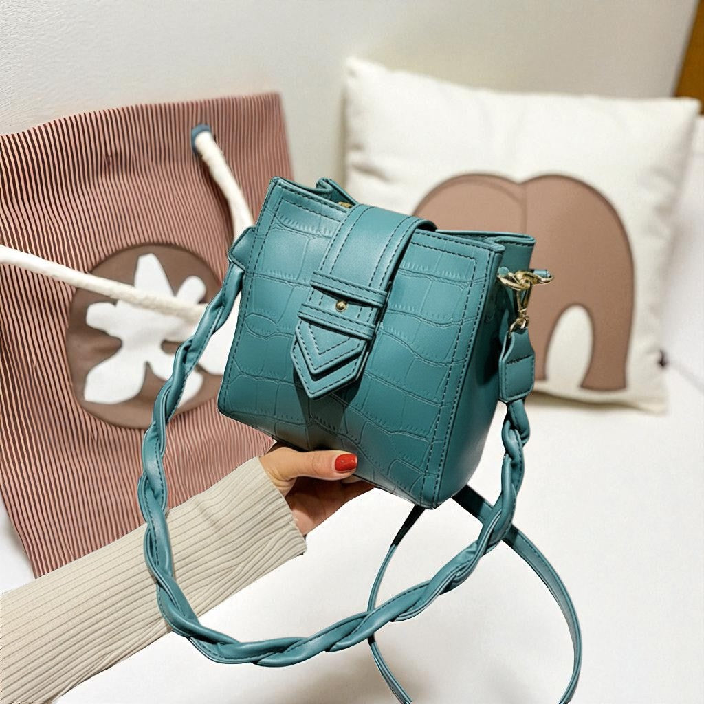 Alligator Embossed Vegan Leather Bucket Bag with Braided Strap - Travel Crossbody & Shoulder Purse"