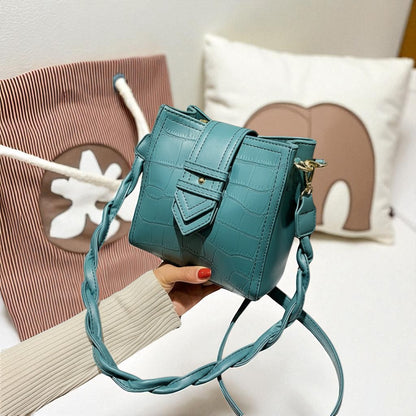 Alligator Embossed Vegan Leather Bucket Bag with Braided Strap - Travel Crossbody & Shoulder Purse"