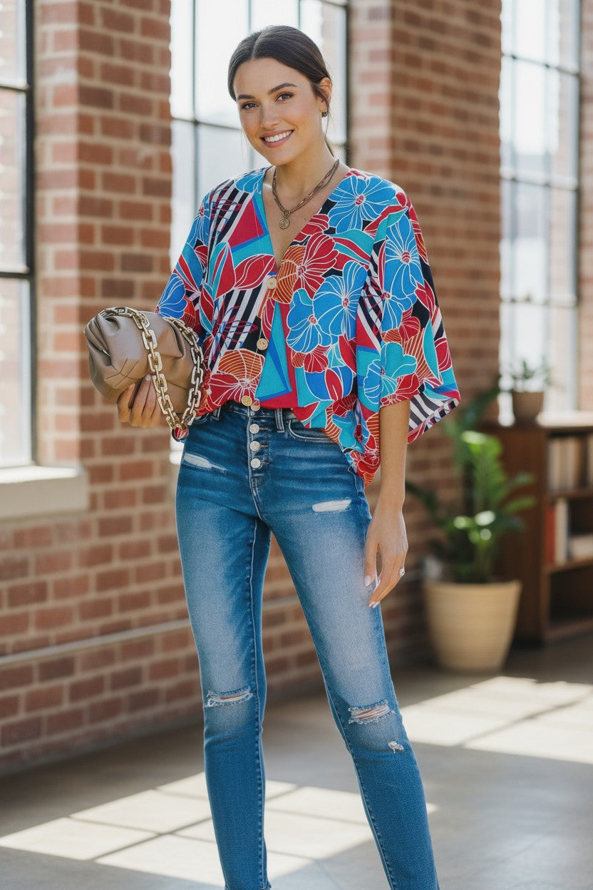 Tropical Floral V-Neck Kimono Sleeve Top | Lightweight Vacation Blouse