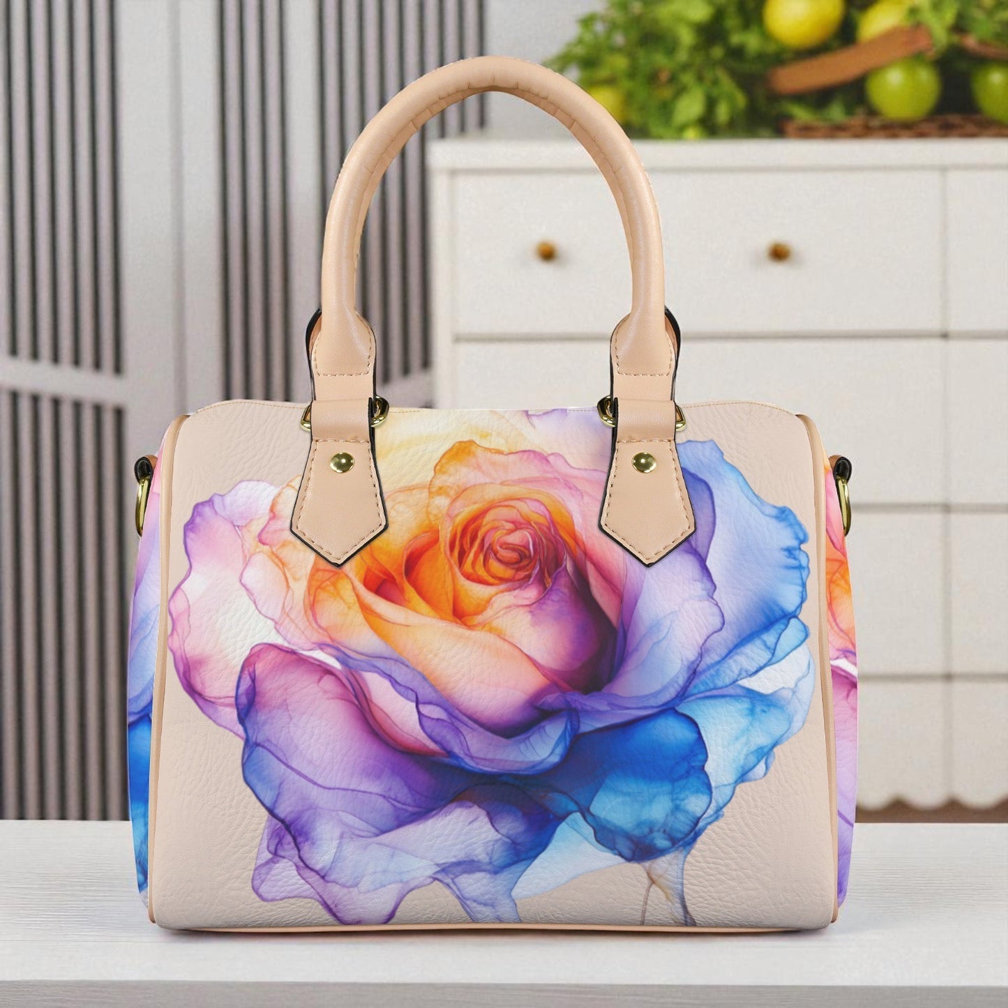 Vibrant Watercolor Rose Handbag | Elegant Vegan Leather Shoulder Bag | Floral Satchel with Strap