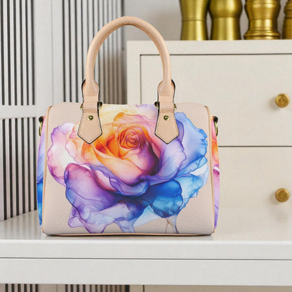 Vibrant Watercolor Rose Handbag | Elegant Vegan Leather Shoulder Bag | Floral Satchel with Strap