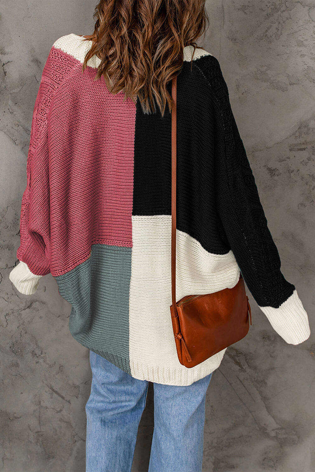 Color Block Cable-Knit Batwing Sleeve Cardigan