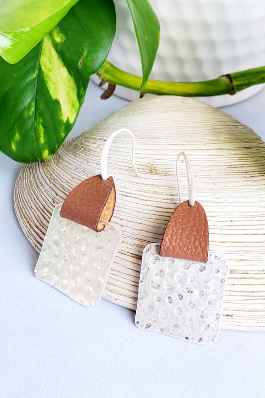 Retro Brown Leather Sand Silver Irregular Square Earrings