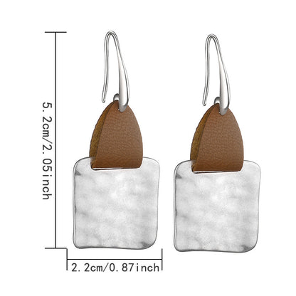 Retro Brown Leather Sand Silver Irregular Square Earrings