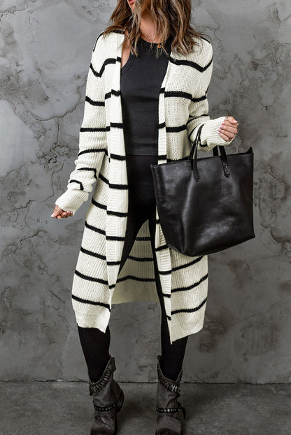 Woven Right Striped Open Front Rib-Knit Duster Cardigan