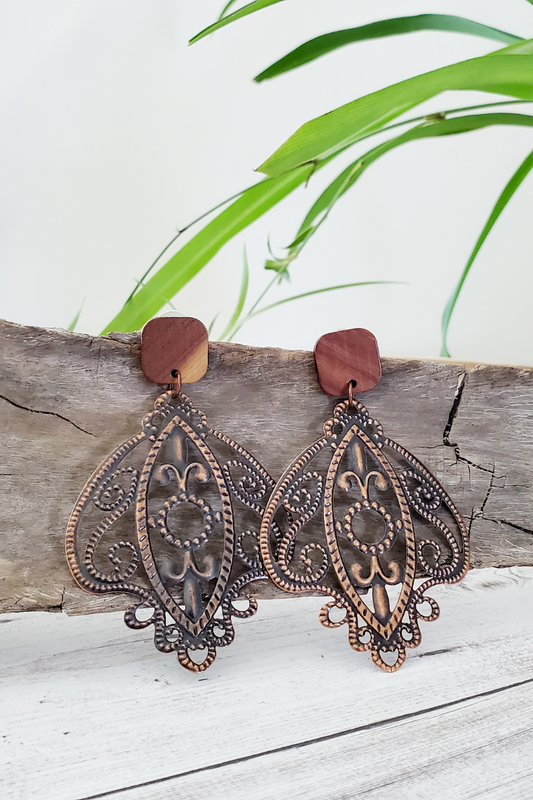 Antique Copper Fan Drop Earrings